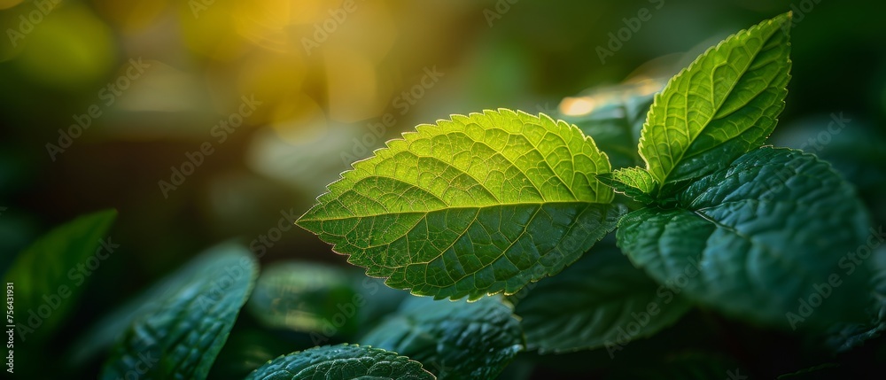 Poster A green leaf on a blurred greenery background. Beautiful foliage texture in the sun.Background of natural green plants landscape and ecology. Closeup view of nature with free space for text.Natural