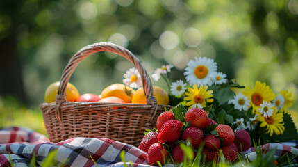 picnic with fresh fruits in basket in the garden.