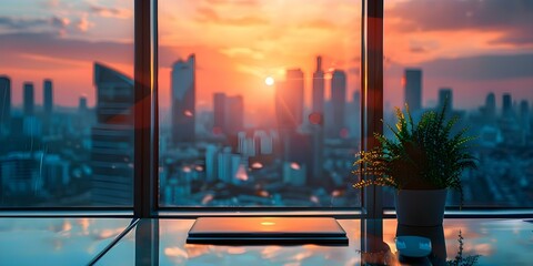 A Productive Morning in a Contemporary Office with City Views: The Perfect Work Setting. Concept Office Decor, City Skyline, Morning Routine, Productivity Tips, Modern Work Environment