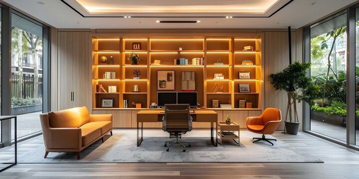 Modern workspace with builtin shelves cozy seating and serene atmosphere . Concept Modern Workspace, Built-in Shelves, Cozy Seating, Serene Atmosphere