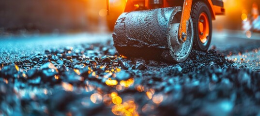 Asphalt paver machine laying hot asphalt on fresh new road surface during construction work