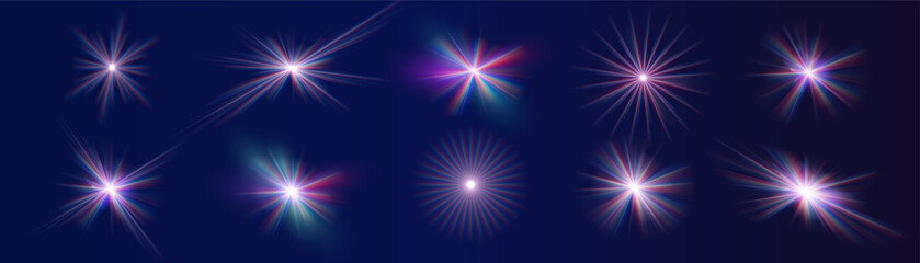Rainbow crystal star. Crystal ray light, sun shines rainbow red yellow and blue color. Optical fire light effect. Vector lens glare leakage glare reflection effect. Sparkle shine. Sunlight  - obrazy, fototapety, plakaty