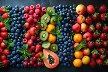Assorted Fruits Arranged on Black Surface