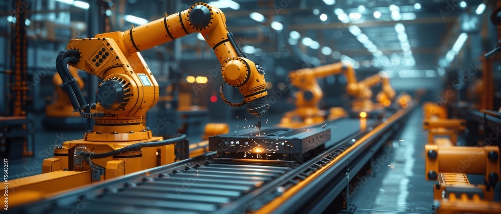 Leinwandbilder Welding robotics and digital manufacturing operations managed by a manager engineer on a real-time monitoring software system in an intelligent factory.