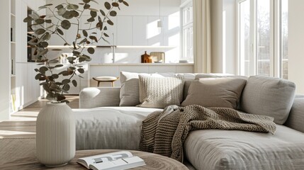 Scandinavian Living Room. Bright and airy living room featuring clean lines and a calming color palette, illuminated by sunlight streaming through large windows.