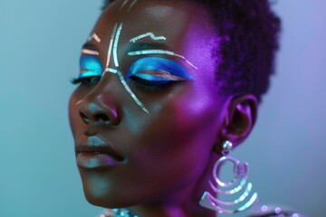 Afrofuturistic portrait of Black model with bold makeup and traditional African mask design.