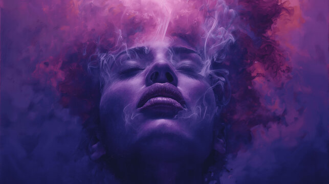 A portrait of a beautiful woman painted purple with purple smoke coming out