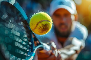 Male tennis player hitting the ball using racket while playing tournament game