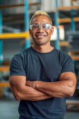 Fototapeta premium Man with arms crossed in warehouse.