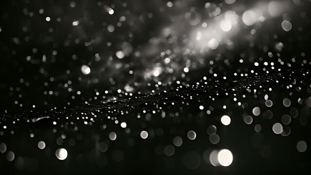 White bokeh particles on black background. Beautiful shine Floating Dust Particles with Flare on Black Background. Video of Dynamic Wind Particles In The Air With Bokeh 4k video black and white