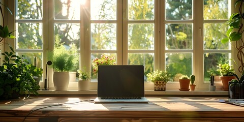 Fototapeta premium Home office with laptop on desk bathed in sunlight for work . Concept Home Office Setup, Laptop on Desk, Sunlight, Work Environment