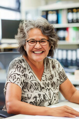 Older woman smiling at desk.