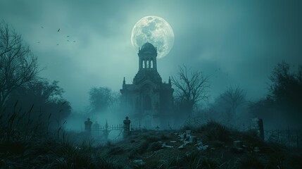 The graveyard at night contains three-dimensional illustrations of a moon, clouds, and bats - obrazy, fototapety, plakaty