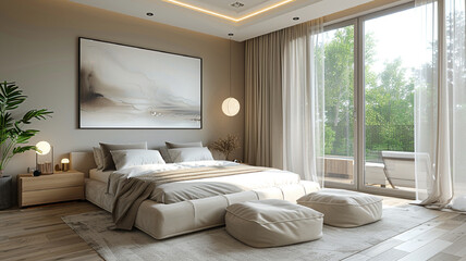 Interior Design. Bedroom. bed with pillows. stylish interior.