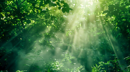 Fototapeta na wymiar Sunlight pierces through a verdant forest, creating mystic rays amid the foliage