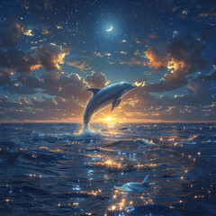 A dolphin emerged from the water against the backdrop of the moon in the night light. sea ​​and ocean