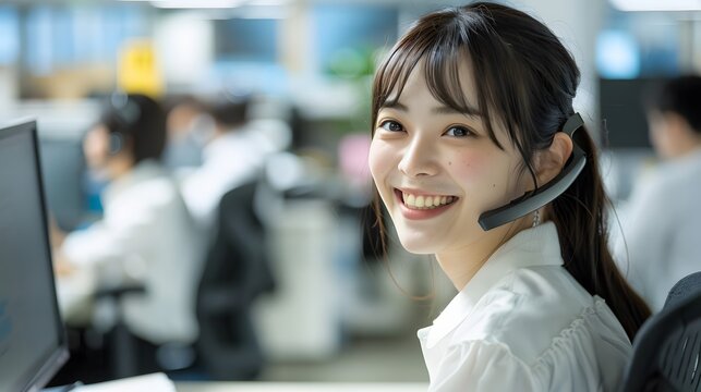 コールセンターで働く笑顔のオペレーター © 敬一 古川