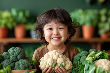 happy smiling asian kid child hold in hands a vegetables cauliflower and broccoli. Baby healthy nutrition food organic - obrazy, fototapety, plakaty