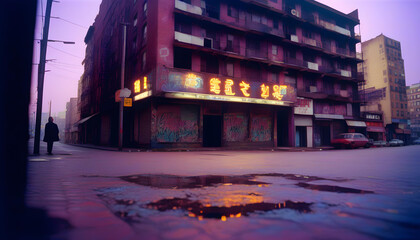 A photo of an abandoned urban landscape with a purple tint and neon lights