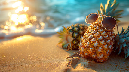 pineapples in stylish sunglasses . Tropical summer vacation concept. family holiday. Happy sunny day on the beach of tropical island
 - obrazy, fototapety, plakaty