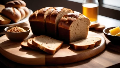 Cercles muraux Boulangerie Fresh sliced brown bread on a cutting board 