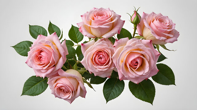 Set of beautiful pink roses in full bloom, with soft petals and green leaves, white background