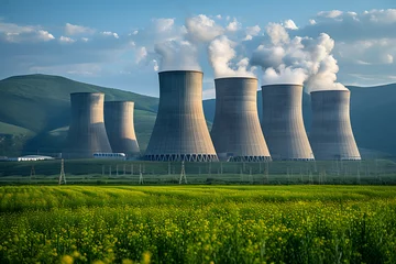 Foto auf Acrylglas Nuclear power station with steaming cooling towers and canola field © photo for everything