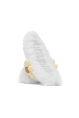 Close-up shot of a white fluffy hair clip. Hair claw clip, decorated with a flower is isolated on a white background. Side view. A fashionable hair accessory with fur.
