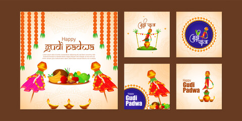 Fototapeta na wymiar Vector illustration of Happy Gudi Padwa social media feed set template