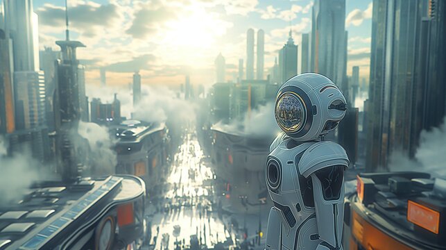 Robotic Sentinel Perched Atop Urban Skyscraper. Generative AI