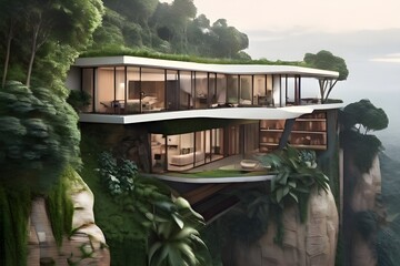 The house overlooks a ravine filled and jungle like foliage. Generative AI - obrazy, fototapety, plakaty