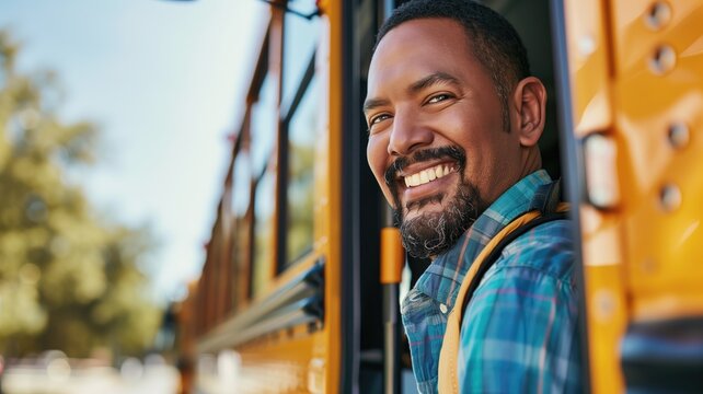 Joyful bus driver leaning on vehicle, cheerful at work