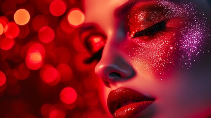 Obraz premium Close-up of a womans face adorned with shimmering glitter, enhancing her features and adding a touch of sparkle.