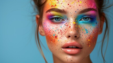 A woman wearing vibrant and colorful makeup on her face, showcasing a bold and creative look.