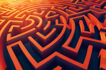 Complex 3D maze in red tones with a sunset gradient