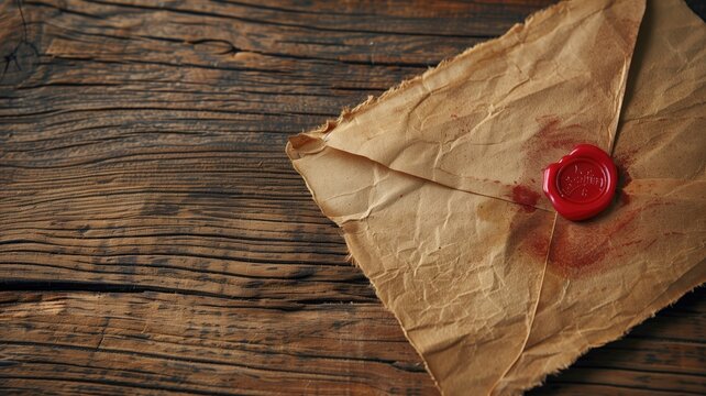 An old, sealed letter with a red wax stamp on a rustic wooden table