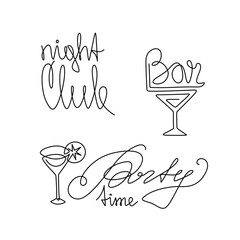 Bar, night club, party time, logo inscription, continuous line drawing, hand lettering, print for clothes, t-shirt, one single line on white background. Isolated vector illustration.