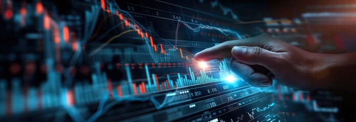 Connecting With Financial Data: Hand Interacting With Computer Screen Displaying Stock Chart. Generative AI