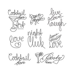 Cocktail bar, night club, party time, logo inscription, continuous line drawing, hand lettering, print for clothes, t-shirt, one single line on white background. Isolated vector illustration.