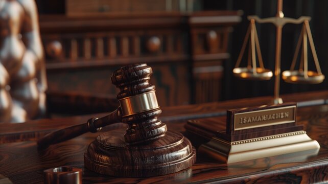 Elegant wooden gavel on desk with scales of justice