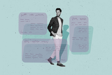 Collage picture of positive black white colors guy walk look text message dialogue bubble isolated...
