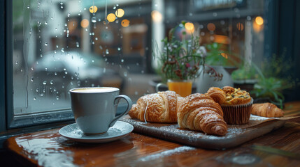 Raindrops on a window with a cozy interior view of a coffee cup and freshly baked pastries on a wooden table.