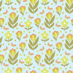 Aesthetic contemporary printable seamless pattern with tulips. Modern floral background for textile, fabric, wallpaper, wrapping, gift wrap, paper, scrapbook and packaging.Vector naive art print - obrazy, fototapety, plakaty