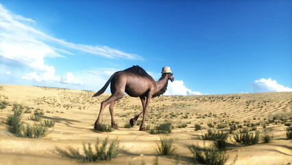 Funny Camel walking in desert. 3d rendering.