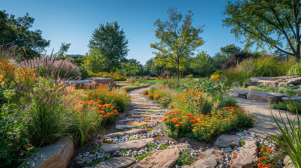 A tranquil garden path lined with colorful flowers and ornamental grasses, under a clear blue sky.