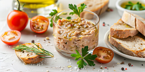 dry tuna pate, in glassware with little toasts and olive oil rosemary on a light background - obrazy, fototapety, plakaty
