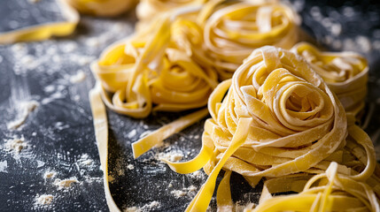 Homemade fresh maded tagliatelle on the fluor dusted board - obrazy, fototapety, plakaty