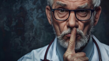 A doctor covering up secrets with a silent gesture. - obrazy, fototapety, plakaty