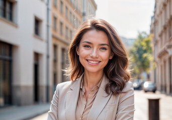 Obraz premium A light-skinned, happy, successful woman in the city
