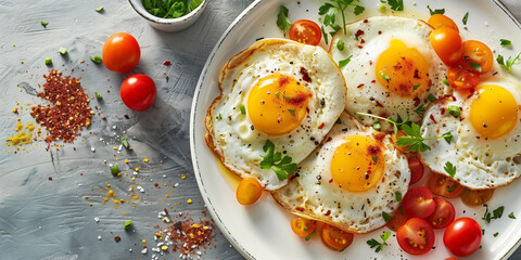 a plate of sunny sides egg with vegetables as a healthy breakfast at a hotel or restaurant brunch